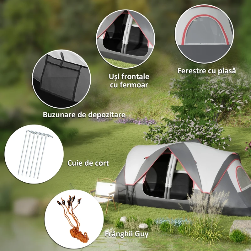 Outsunny Cort de Camping pentru 6-8 Persoane cu 2 Camere Separate și Uși cu Fermoar, 450x215x180 cm, Gri