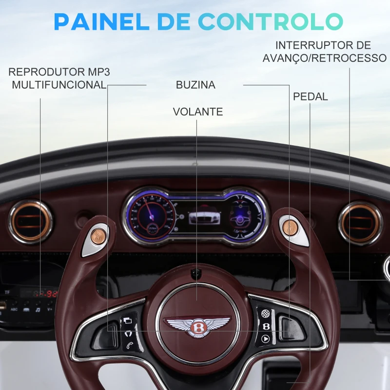 HOMCOM Carro elétrico infantil com licencia de Bentley GT para crianças acima de 3 anos com controle remoto 2 velocidades com faróis musica 108x60x43 cm Branco