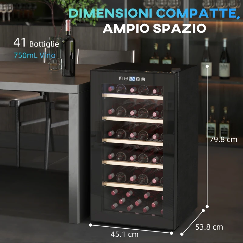 HOMCOM Cantinetta Vino Frigo per 41 Bottiglie, Capacità 91L, Controllo Temperatura e Ripiani in Legno, Nero
