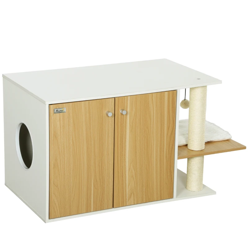 PawHut Móvel Caixa de Areia para Gatos 3 em 1 para Gatos com Poste para Arranhar e Centro de Jogos 94x48x50,5 cm Carvalho e Branco