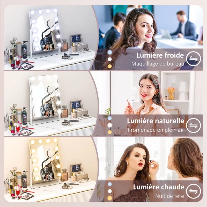 HOMCOM Miroir Hollywood avec LED 12 ampoules, luminosité réglable, rotation à 360°, grossissement 10X, touche tactile, blanc