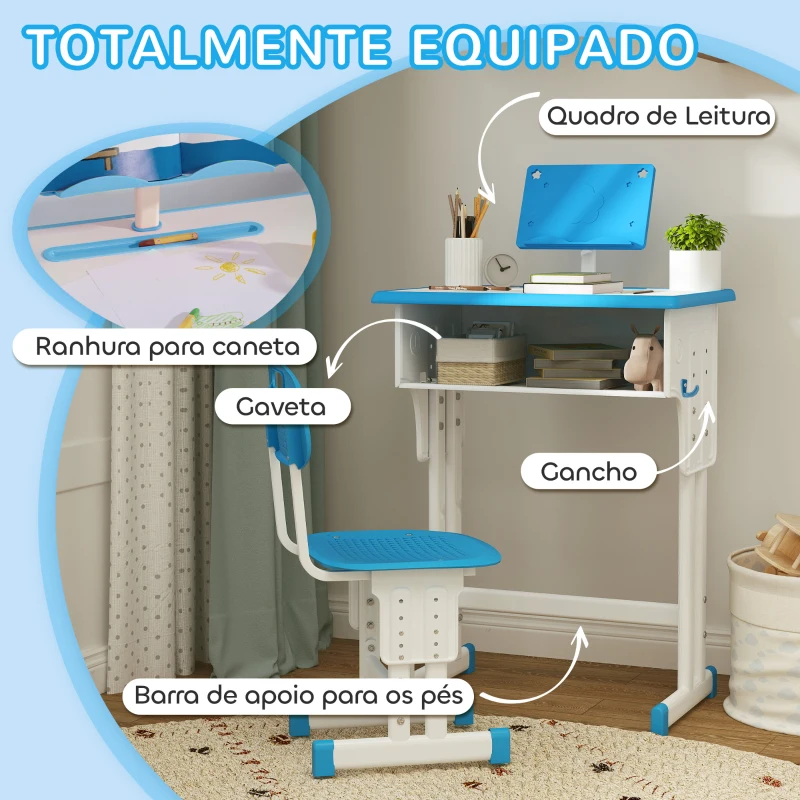 HOMCOM Conjunto de Secretária e Cadeira para Crianças com Altura Ajustável 1 Gaveta e 1 Prateleira para Livros 60x45x90-120 cm Azul