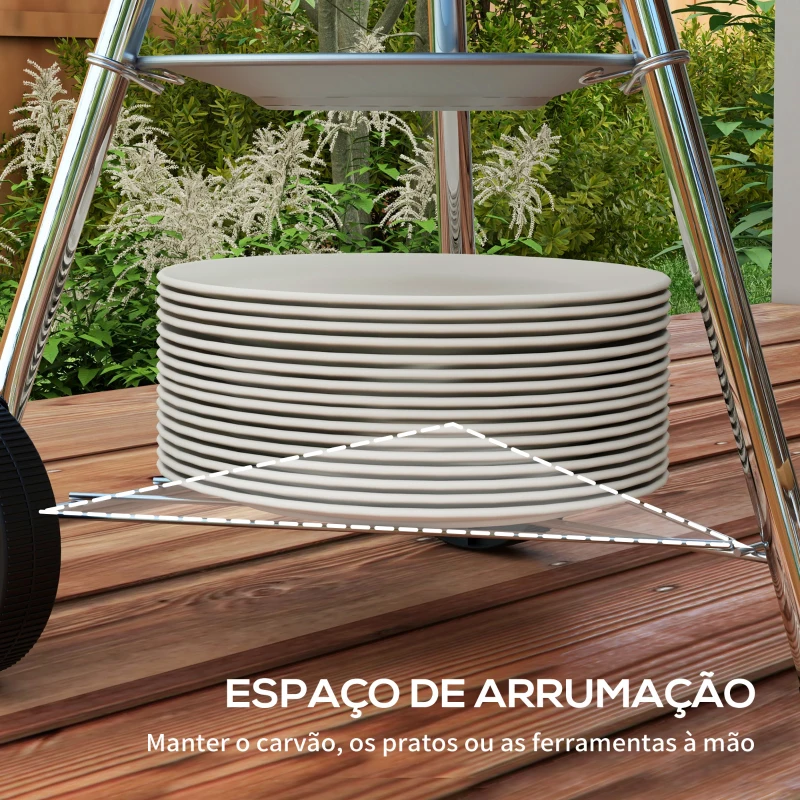 Outsunny Barbecue a Carvão Portátil com Rodas Tampa e Tigela Esmaltadas e Puxadores de Madeira  48x56x85 cm Preto