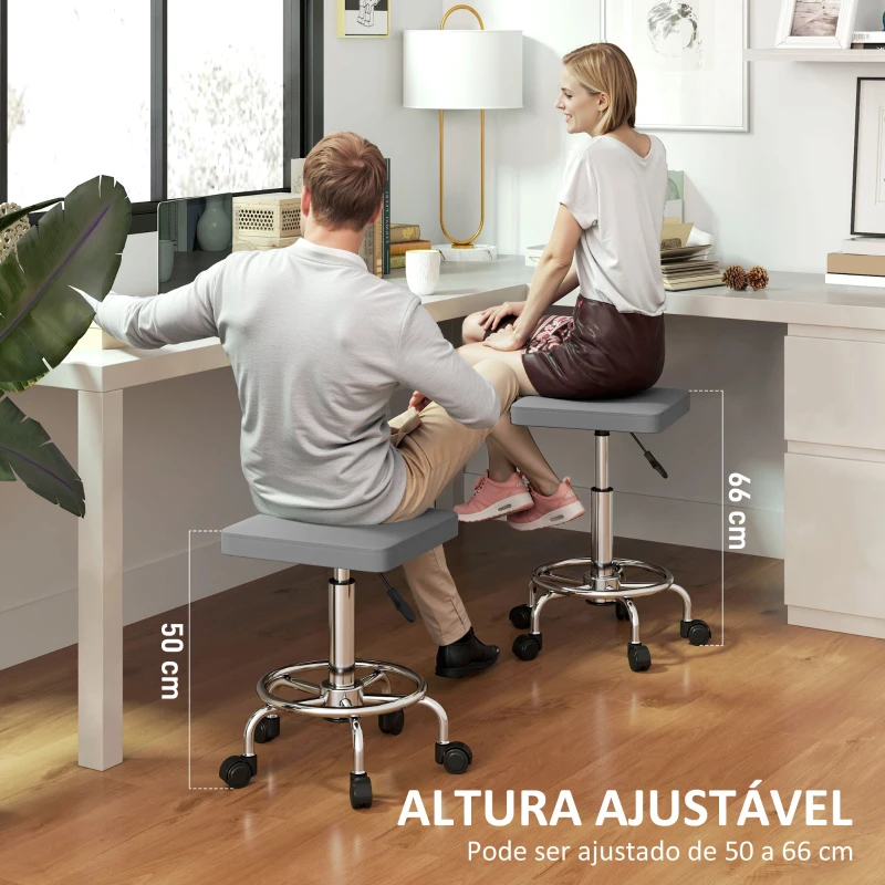 HOMCOM Banco Giratório com Rodas Altura Regulável 50-66 cm Assento Estofado em Imitação de Couro  34x34x50-66 cm Cinzento