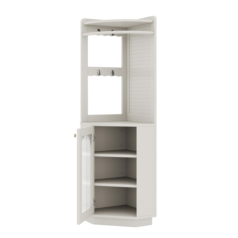 Armoire de salle de bain avec bande lumineuse, armoire d'angle avec espace de rangement, 45×45×166,6 cm, Blanc