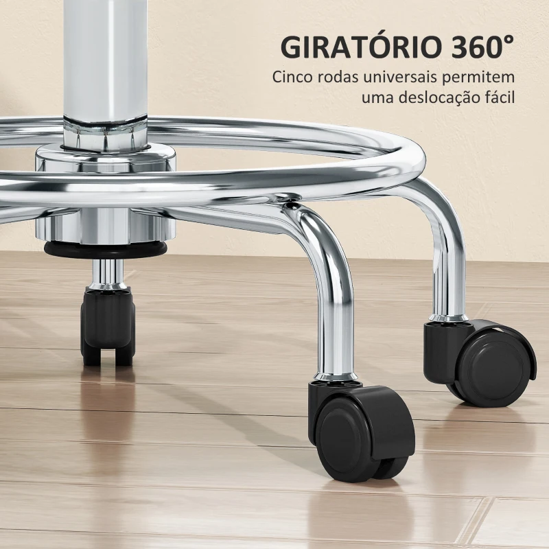 HOMCOM Banco Giratório com Rodas Altura Regulável 50-66 cm Assento Estofado em Imitação de Couro  34x34x50-66 cm Branco