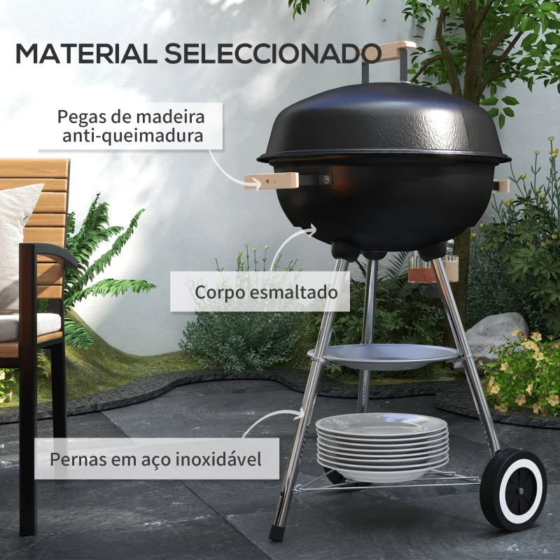 Outsunny Barbecue a Carvão Portátil com Rodas Tampa e Tigela Esmaltadas e Puxadores de Madeira  48x56x85 cm Preto