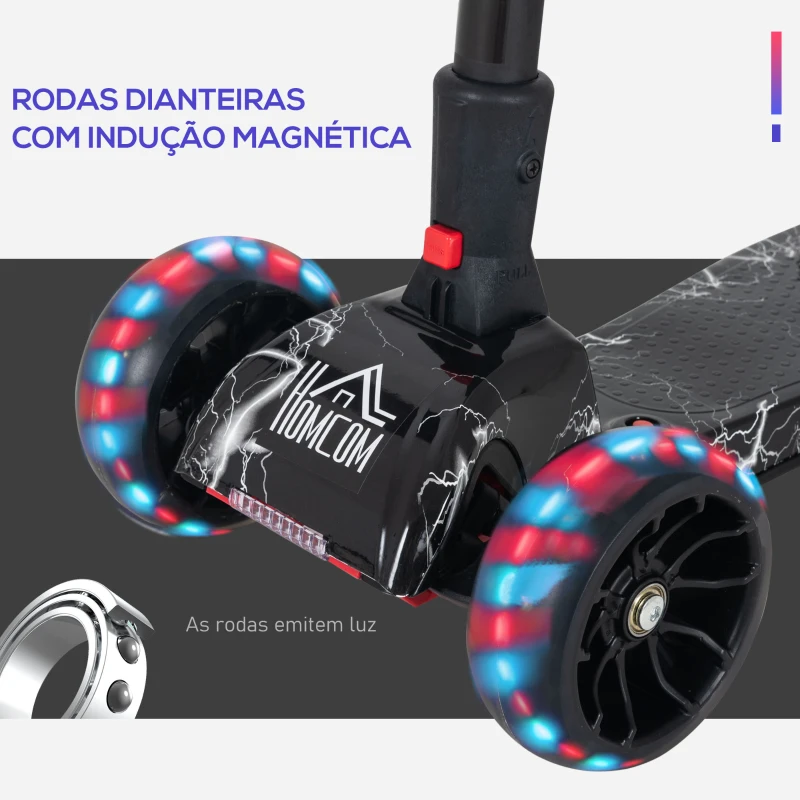 HOMCOM Trotinete ajustável em altura de 4 níveis dobrável com luzes musica Nevoeiro de água para crianças acima de 3 anos 61x26x63-81 cm Preto