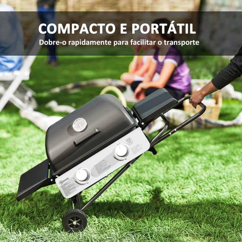 Outsunny Barbecue a Gás Portátil Dobrável com 2 Queimadores 3 KW Mesas Laterais Bandeja Removível Termómetro e 2 Rodas 101x50x102 cm Preto