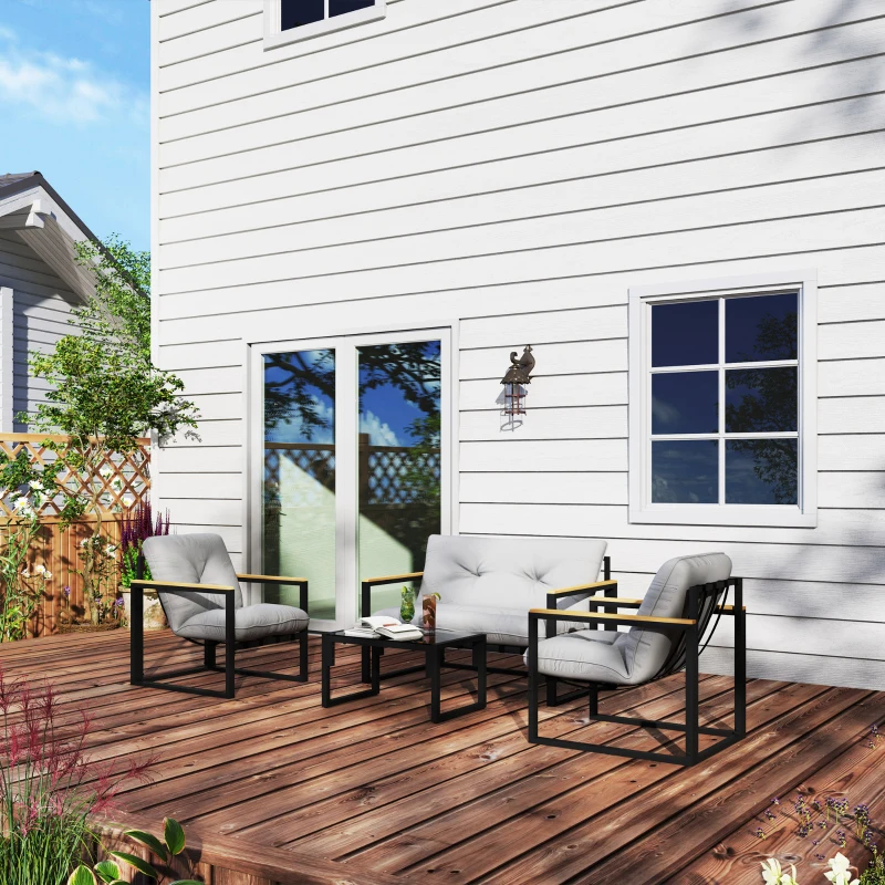Outsunny Conjunto de Jardim de 4 Peças com 2 Poltronas e 1 Sofá de 2 Lugares com Almofadas e Mesa de Centro Cinzento e Preto