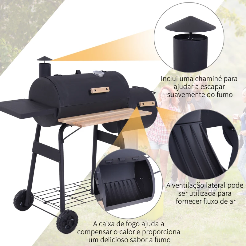 Outsunny Barbecue a Carvão 2 em 1 Defumador e Grelha Barbecue com Termómetro Rodas e Prateleiras 124x53x104cm Preto