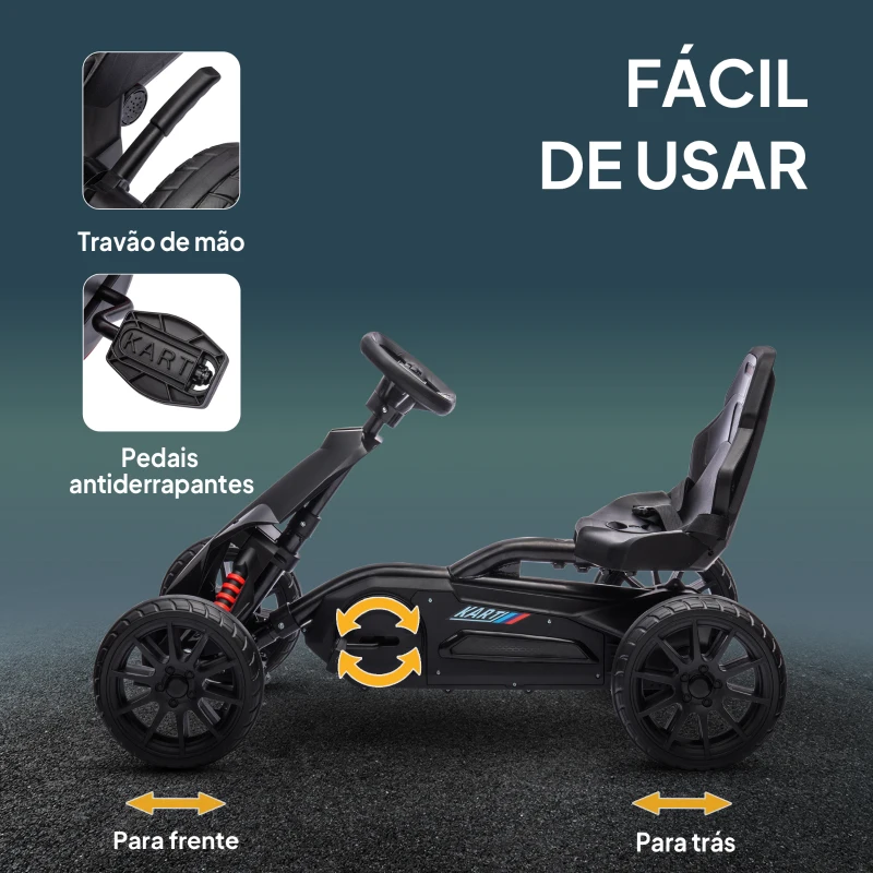 HOMCOM Kart a Pedais para Crianças com Assento Ajustável em 4 Posições, Travão de Mão e Rodas de EVA 100x58x58,5 cm Preto