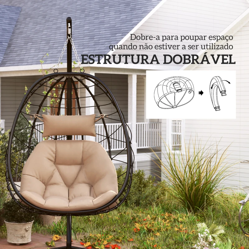 Outsunny Cadeira Suspensa com Suporte Baloiço Jardim com Cesto Dobrável Almofada e Apoio de Cabeça 98x95x198 cm Caqui