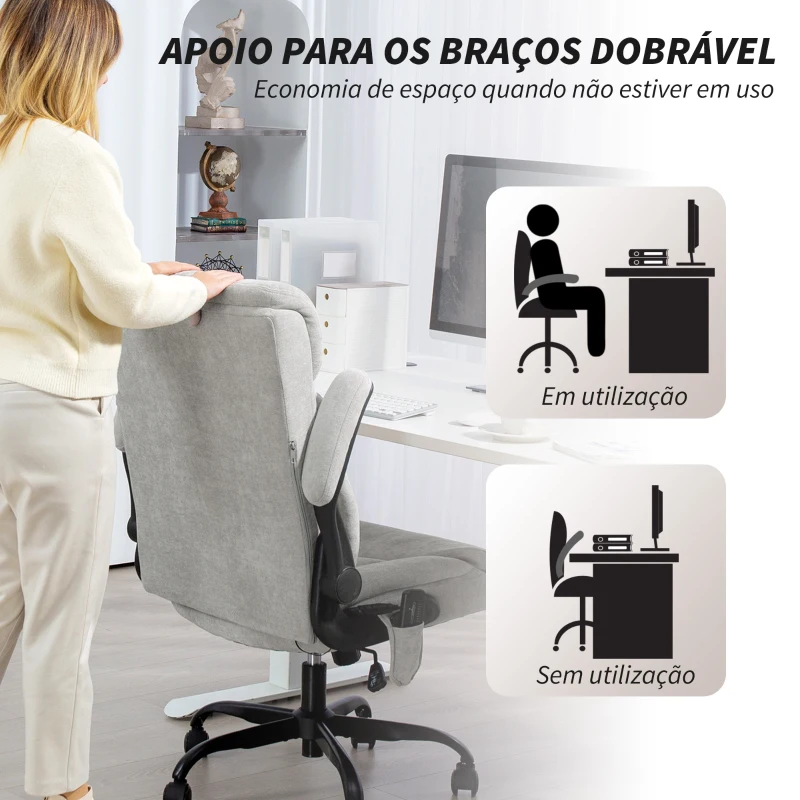 HOMCOM Cadeira de Escritório com Massagem Aquecimento Apoios de Braços Rebatíveis e Controlo Remoto 66x67x113-121 cm Cinzento