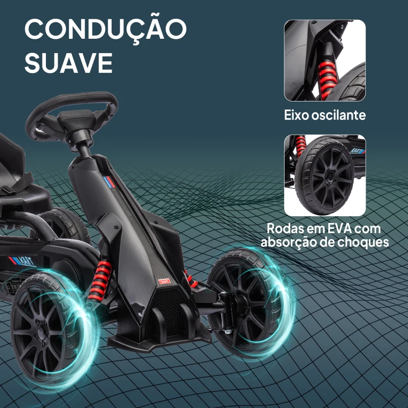 HOMCOM Kart a Pedais para Crianças com Assento Ajustável em 4 Posições, Travão de Mão e Rodas de EVA 100x58x58,5 cm Preto