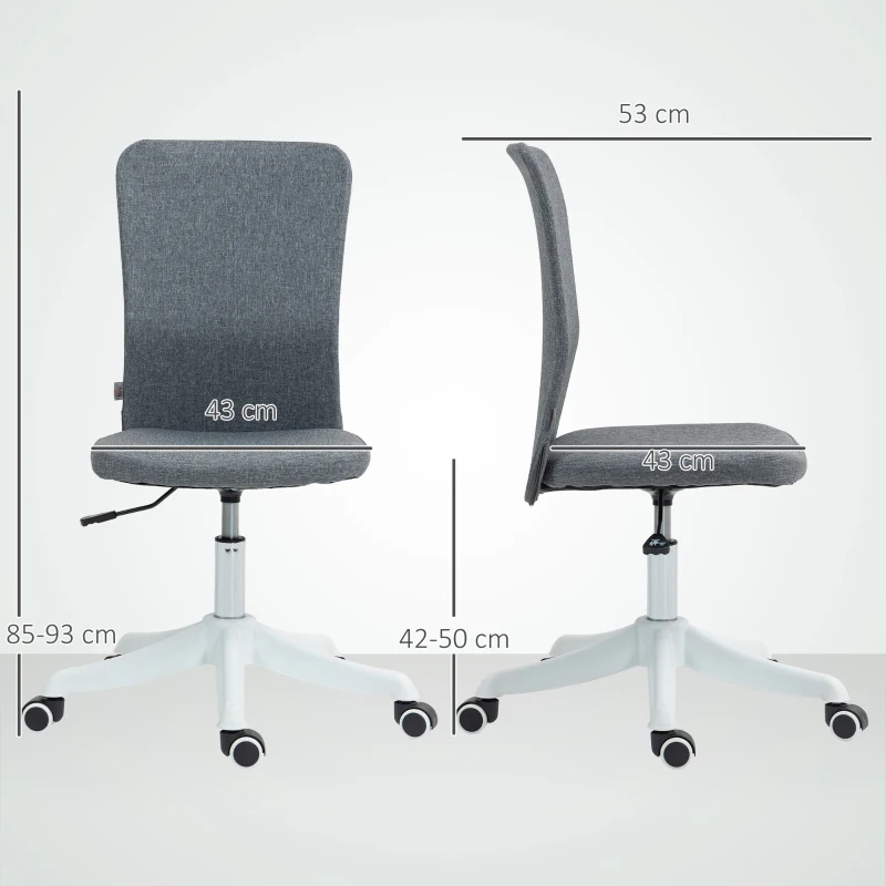 HOMCOM Cadeira de Escritório sem Apoio para os Braços Estofada em Linho Sintético com Altura Ajustável 53x43x85-93 cm Cinza
