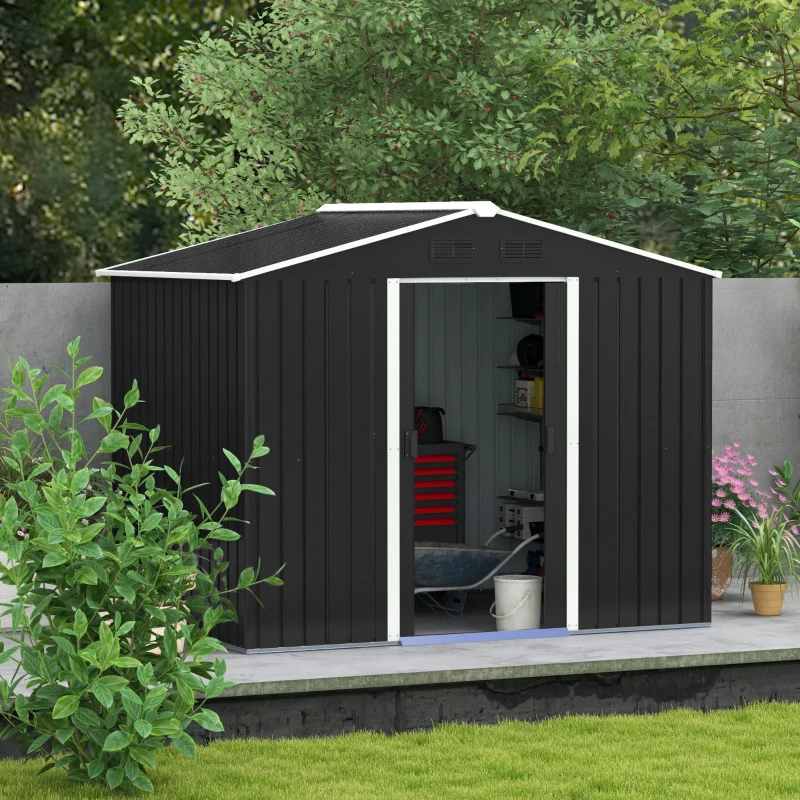 Outsunny 8 x 6ft Outdoor Garden Roofed Metal Storage Shed Tool Box with Ventilation & 2 Sliding Doors,Grey(m-10)