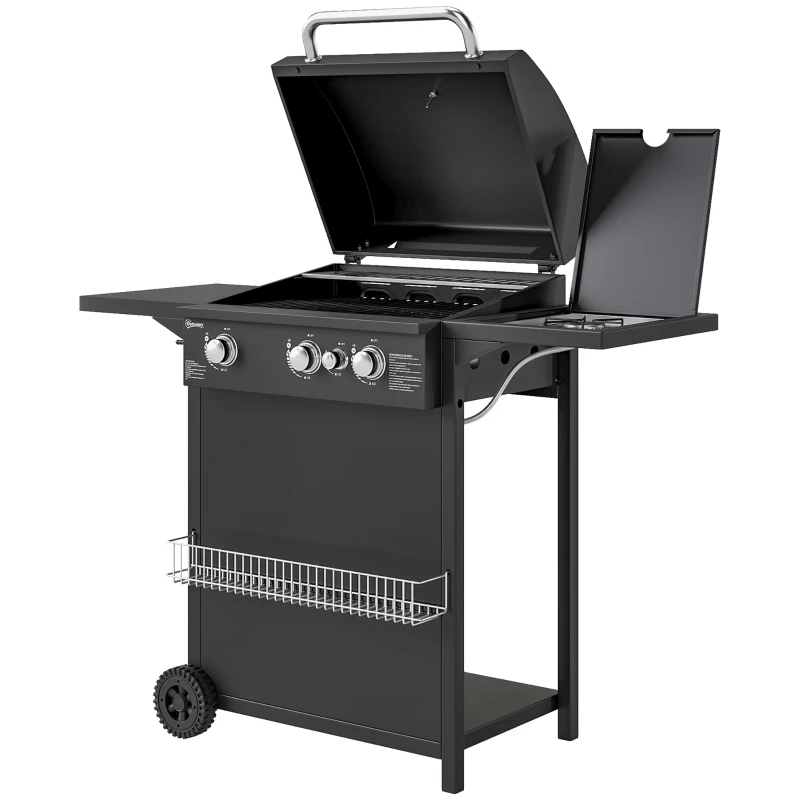 Outsunny Barbecue a Gas con Bruciatori Indipendenti, Coperchio con Termometro e Tavolino Laterale, Nero
