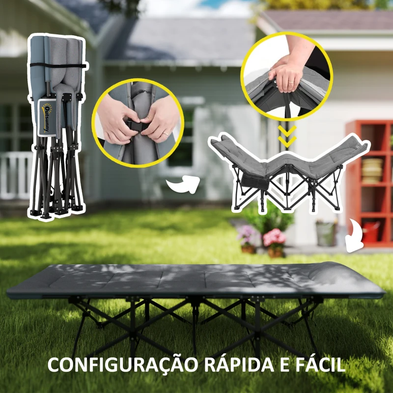 Outsunny Cama Dobrável de Campismo Praia com Apoio de Cabeça e Bolso Lateral Suporta até 150 kg 187x67x37 cm  Cinzento