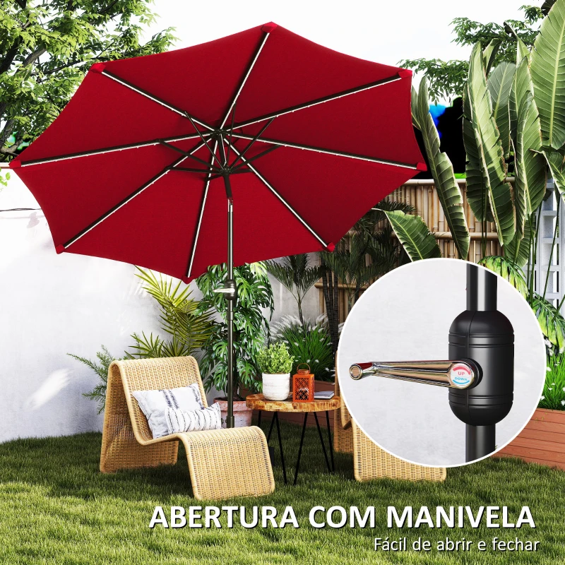 Outsunny Chapéu de Sol para Jardim Ø292x252 cm com Inclinação Ajustável até 45° Luzes LED Solares e Manivela Vinho