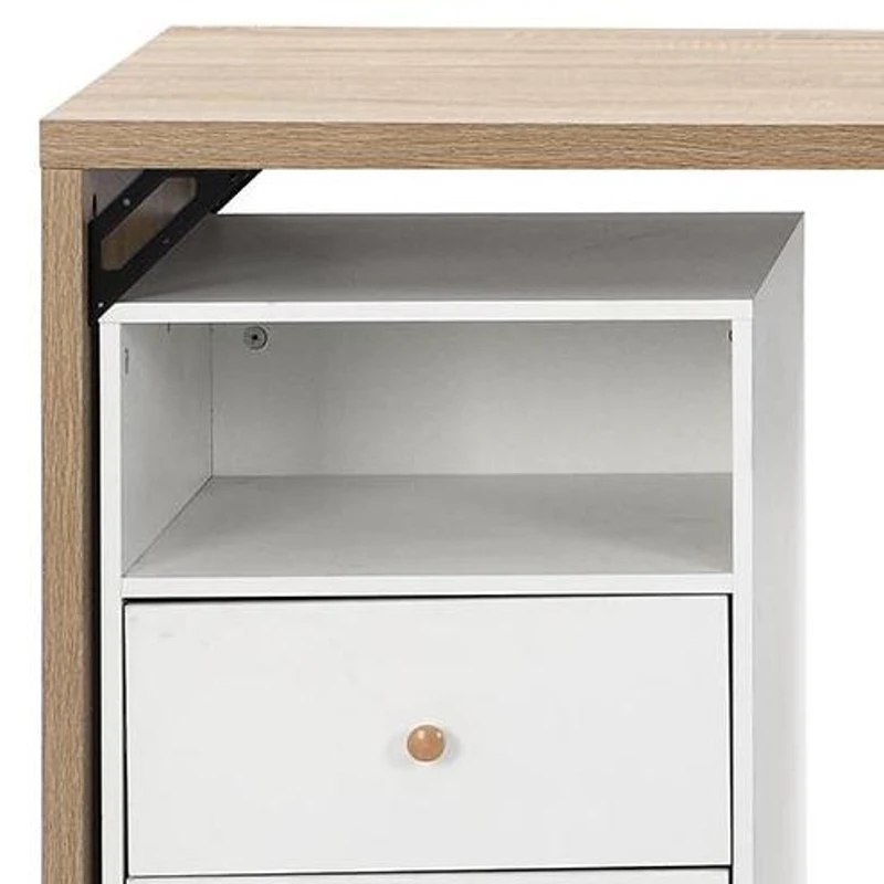 Escritorio de esquina en forma de L, mesa de computadora multifuncional con gabinete de almacenamiento móvil y amplia superficie de trabajo, 135×55×76 cm, Color natural + Blanco.