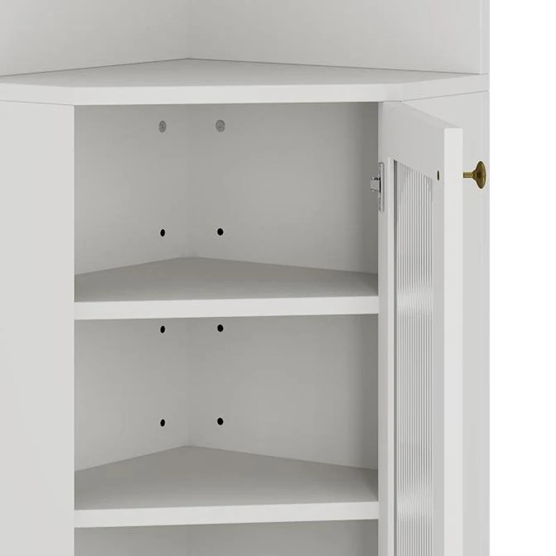 Armadio da bagno con barra luminosa, armadio angolare con due ripiani portaoggetti, 45x45x166.5 cm, Bianco