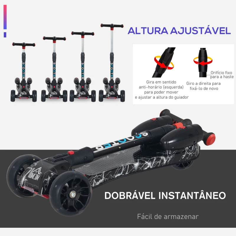 HOMCOM Trotinete ajustável em altura de 4 níveis dobrável com luzes musica Nevoeiro de água para crianças acima de 3 anos 61x26x63-81 cm Preto