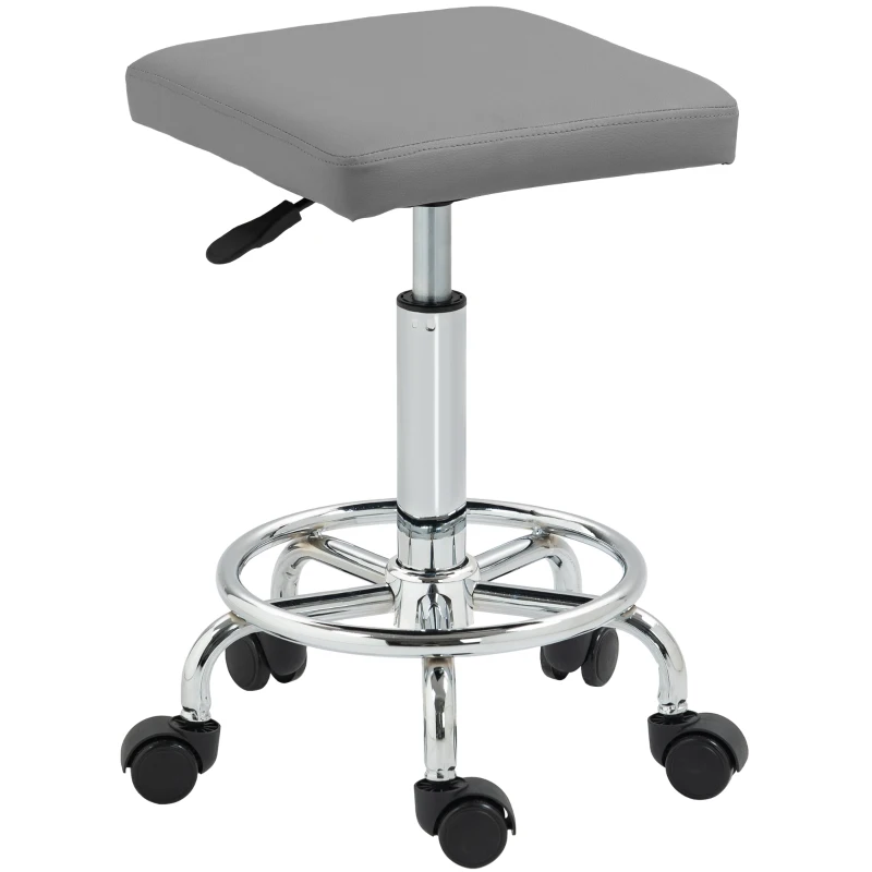 HOMCOM Banco Giratório com Rodas Altura Regulável 50-66 cm Assento Estofado em Imitação de Couro 34x34x50-66 cm Cinzento