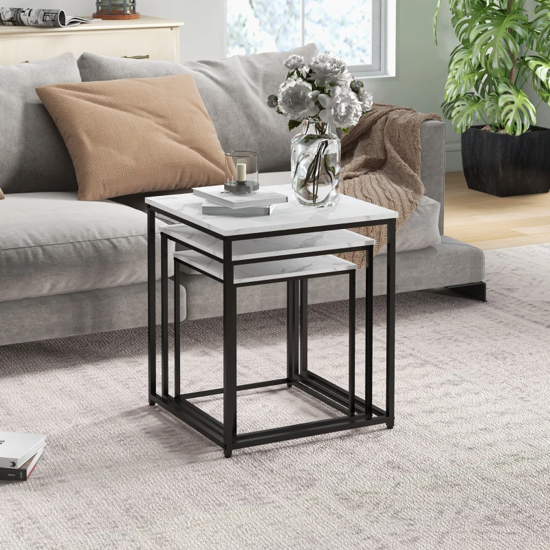 HOMCOM Lot de 3 tables basses carrées gigognes - acier noir panneaux aspect marbre blanc 50/45/39,5 cm