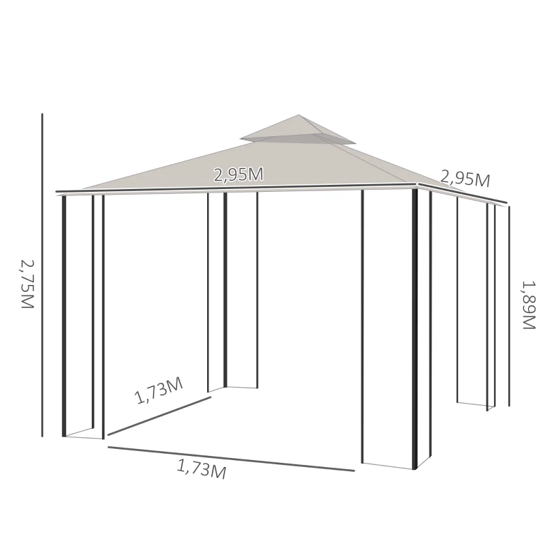 Outsunny Pérgola de jardim 295x295x275cm com 4 cortinas laterais com zíper e telhado duplo com 8 furos de drenagem bege