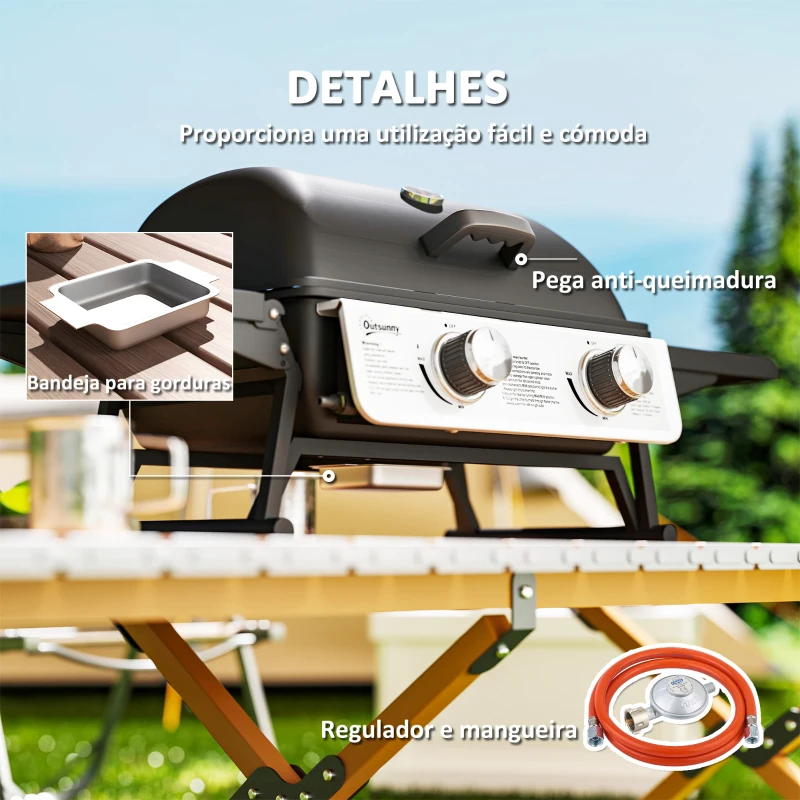 Outsunny Barbecue a Gás com 2 Queimadores de Aço Inoxidável 3 KW Prateleiras Laterais Bandeja e Termómetro 101x48x41 cm Preto