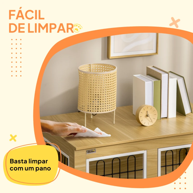 PawHut Gaiola para Cães com Mesa Auxiliar e Almofada Lavável Gaiola para Animais com Estrutura de Aço para Cães Médios e Grandes 90x58x65 cm Carvalho