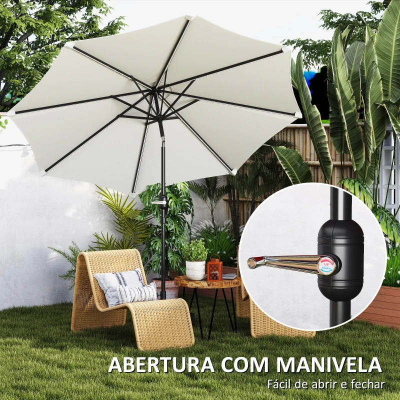 Outsunny Chapéu de Sol para Jardim Ø292x252 cm com Inclinação Ajustável até 45° Luzes LED Solares e Manivela Creme