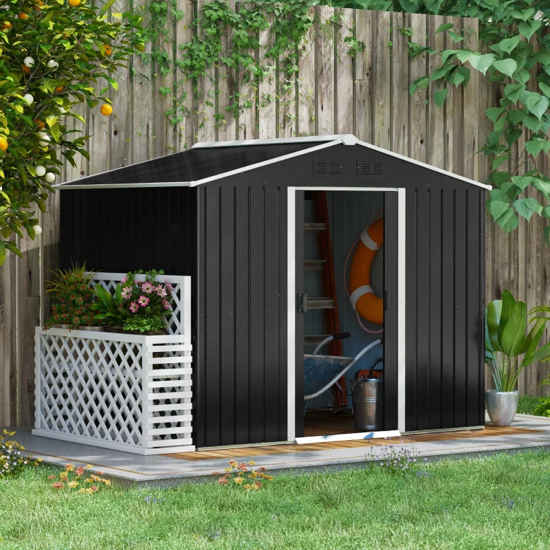 Outsunny 8 x 6ft Outdoor Garden Roofed Metal Storage Shed Tool Box with Ventilation & 2 Sliding Doors,Grey(m-2)