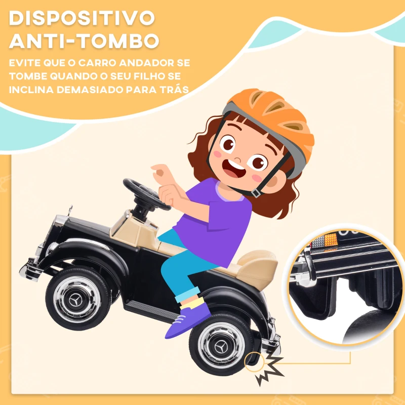 AIYAPLAY Carro Andador com Licença da Mercedes-Benz 300S com Armazenamento Volante Sistema Anti-Tombo  77,5x41,5x45 cm Preto