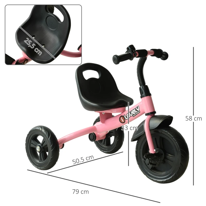 HOMCOM Triciclo para Crianças acima de 18 Meses com Protetor de Segurança para as Rodas e Campainha 79x50,5x58 cm Rosa