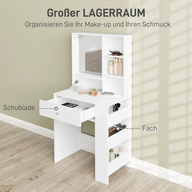 HOMCOM Kaptafel met Spiegel, Lade, 3-traps Zijopslag, Spaanplaat, Wit(m-4)