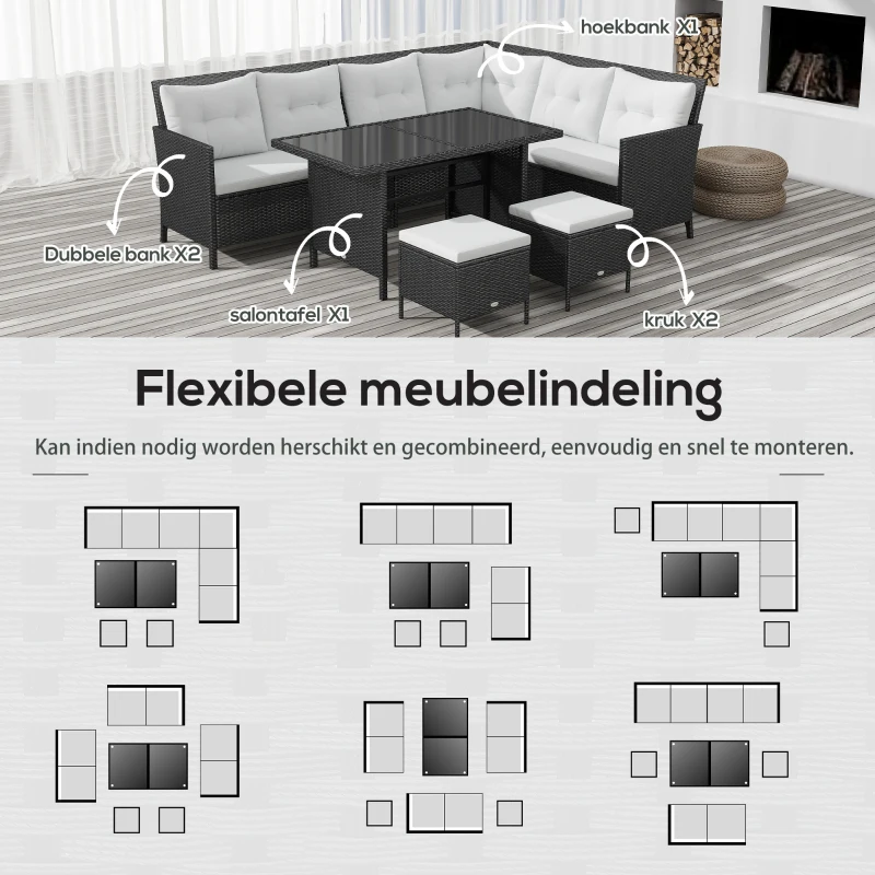 Outsunny 18-delige poly-rotan zitgroep bankstel tuinset fauteuil krukkenset