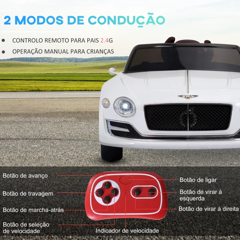 HOMCOM Carro elétrico infantil com licencia de Bentley GT para crianças acima de 3 anos com controle remoto 2 velocidades com faróis musica 108x60x43 cm Branco
