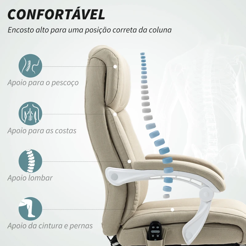 HOMCOM Cadeira de Escritório com Massagem Reclinável Aquecimento Apoio para Pés  e Controlo Remoto 66x70x112-120 cm Bege
