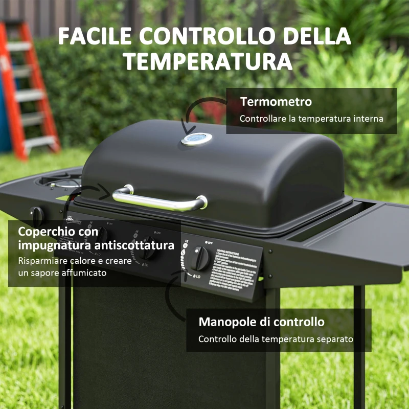 Outsunny Barbecue a Gas con 4 Bruciatori Indipendenti e Coperchio con Termometro, 108x54x97 cm, Nero