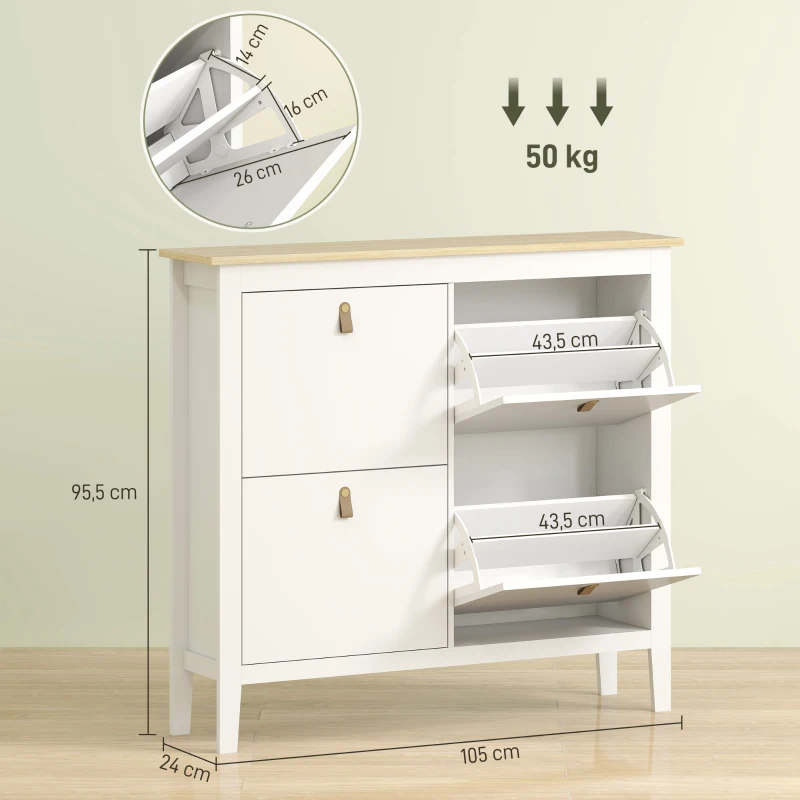 HOMCOM Sapateira para Entrada com 4 Gavetas Prateleiras Ajustáveis e Puxadores em PU para 20 Pares de Sapatos 105x24x95,5 cm Branco