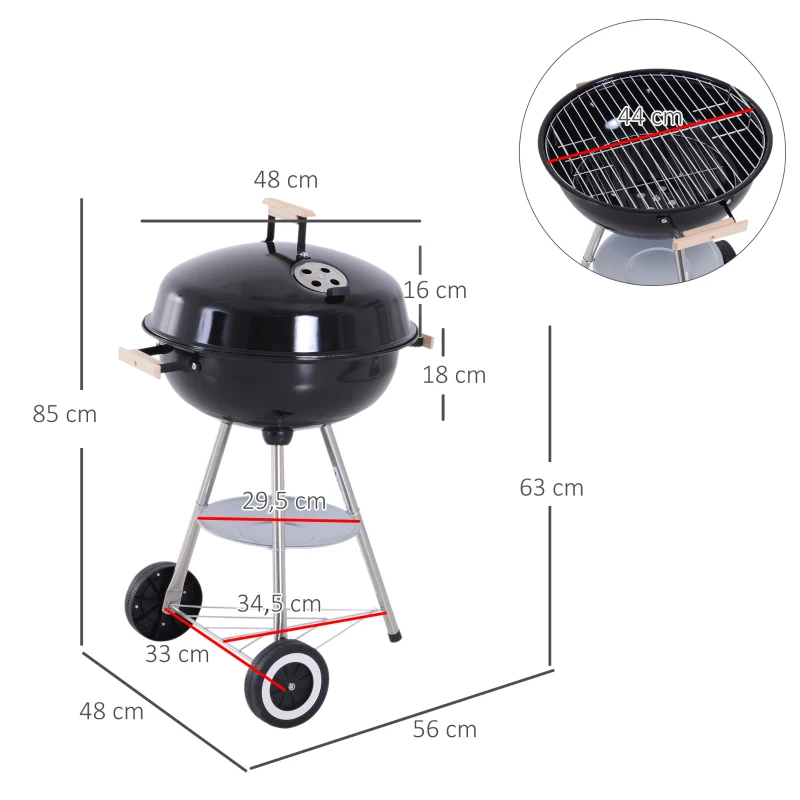 Outsunny Barbecue a Carvão Portátil com Rodas Tampa e Tigela Esmaltadas e Puxadores de Madeira  48x56x85 cm Preto