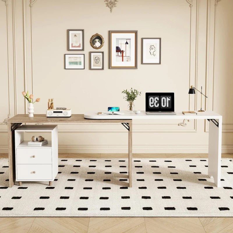 Escritorio de esquina en forma de L, mesa de computadora multifuncional con gabinete de almacenamiento móvil y amplia superficie de trabajo, 135×55×76 cm, Color natural + Blanco.