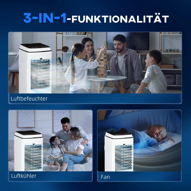 HOMCOM Ventilator, Luftkühler, Klimaanlage, 3 Modi, Fernbedienung, Timer, rollbar, Weiß