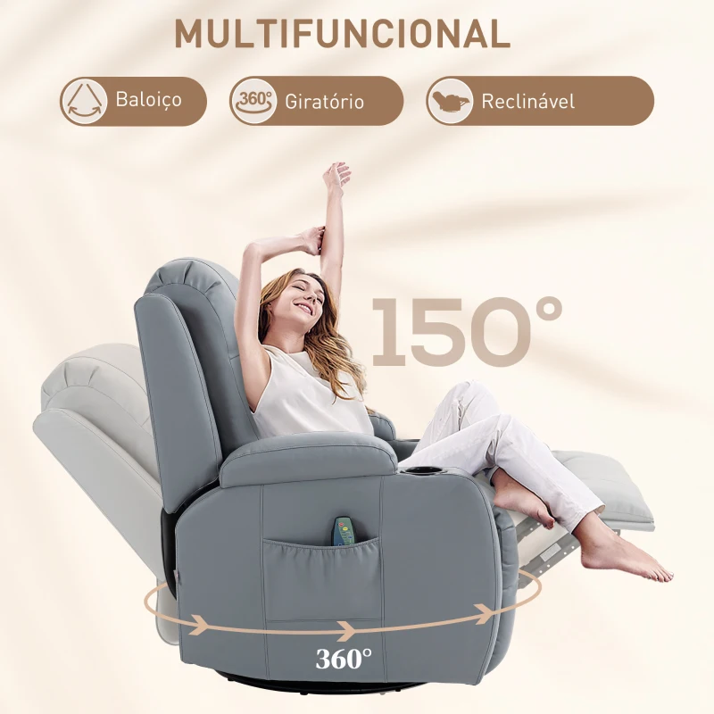 HOMCOM Poltrona de Massagem Reclinável até 150° com 8 Pontos de Massagem por Vibração Função de Aquecimento 85x94x104 cm Cinza