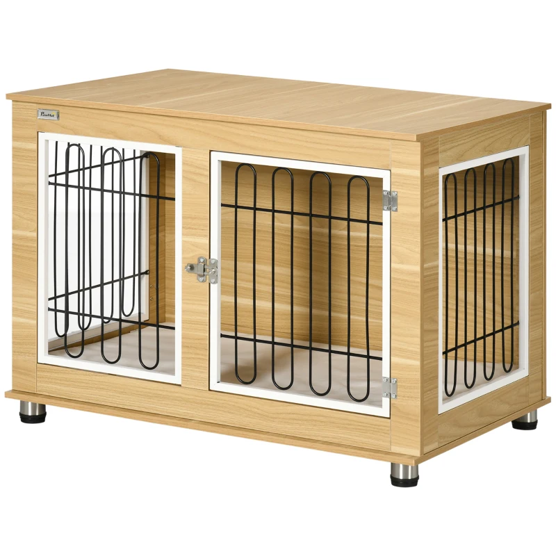 PawHut Gaiola para Cães com Mesa Auxiliar e Almofada Lavável Gaiola para Animais com Estrutura de Aço para Cães Médios e Grandes 90x58x65 cm Carvalho