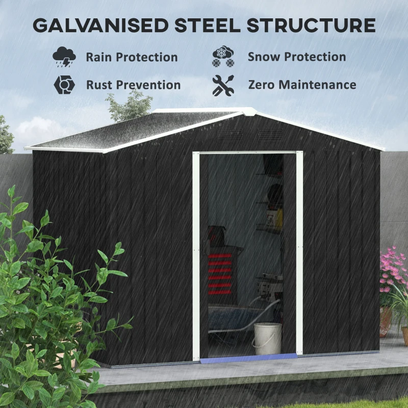 Outsunny 8 x 6ft Outdoor Garden Roofed Metal Storage Shed Tool Box with Ventilation & 2 Sliding Doors,Grey(m-4)