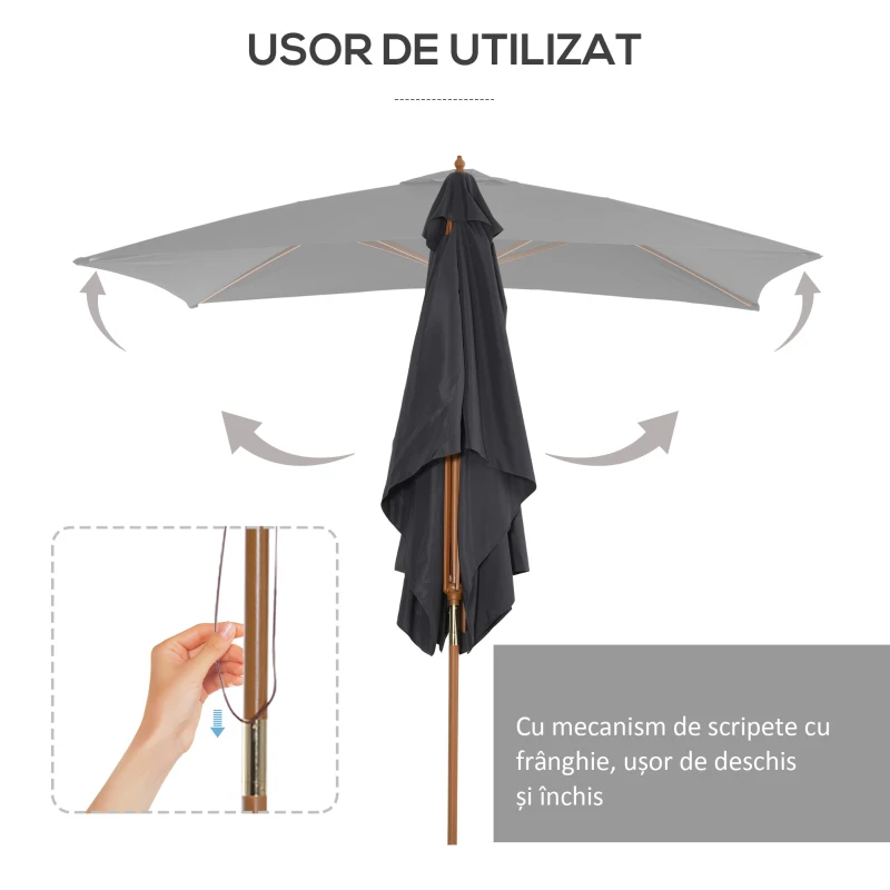 Outsunny Umbrelă de Grădină cu Frânghie și Orificii de Ventilație,  2.95x2x2.55 m, Gri Închis