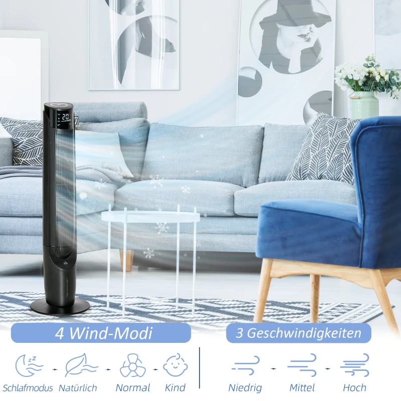 HOMCOM Turmventilator, Klimaanlage mit 4 Modi, 3 Geschwindigkeiten, Timer, Kunststoff